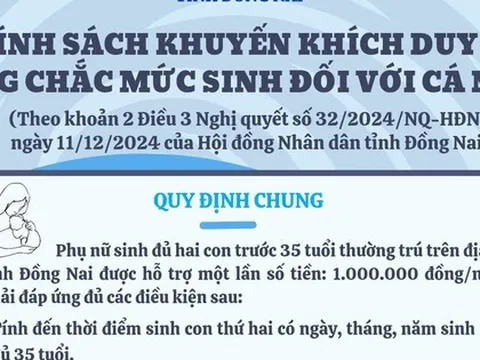 Phụ nữ sinh đủ 2 con trước 35 tuổi ở Đồng Nai được hỗ trợ 1 triệu đồng