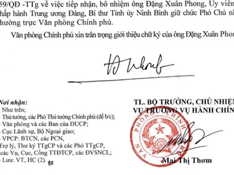 Giới thiệu chữ ký của đồng chí Đặng Xuân Phong, Phó Chủ nhiệm Thường trực Văn phòng Chính phủ