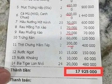 Xôn xao hóa đơn bữa ăn gần 18 triệu đồng, trong đó ghẹ đỏ 1,7 triệu đồng/kg ở Sầm Sơn